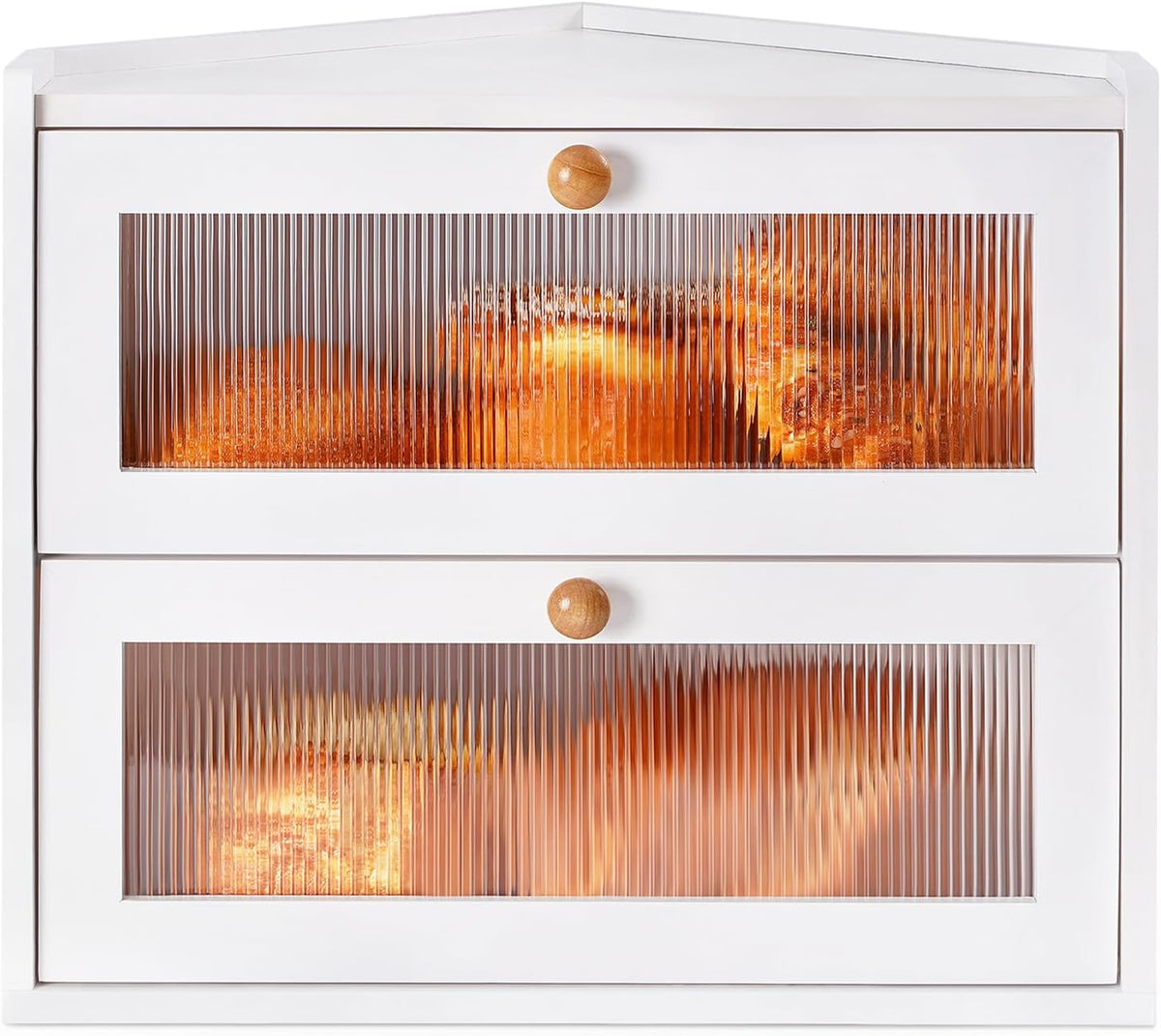 Sunhoo Bread Box for Kitchen Countertop Corner Large Wooden Bread Bin 2 Tier Rustic Food Storage Container with Acrylic Window Farmhouse Keeper Shelf Organizer for Loaves Pastries & Snacks (Brown)