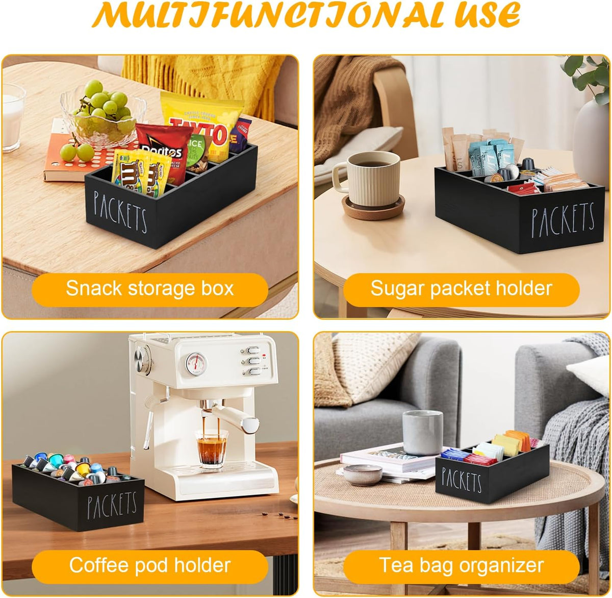 Seasoning Packet Organizer, Spice Packet Storage Organizer with 5 Compartments, Wooden Food Packet Organizer, Caddy Storage for Kitchen Pantry Cabinet, Modern Kitchen Organization Bins(Black)