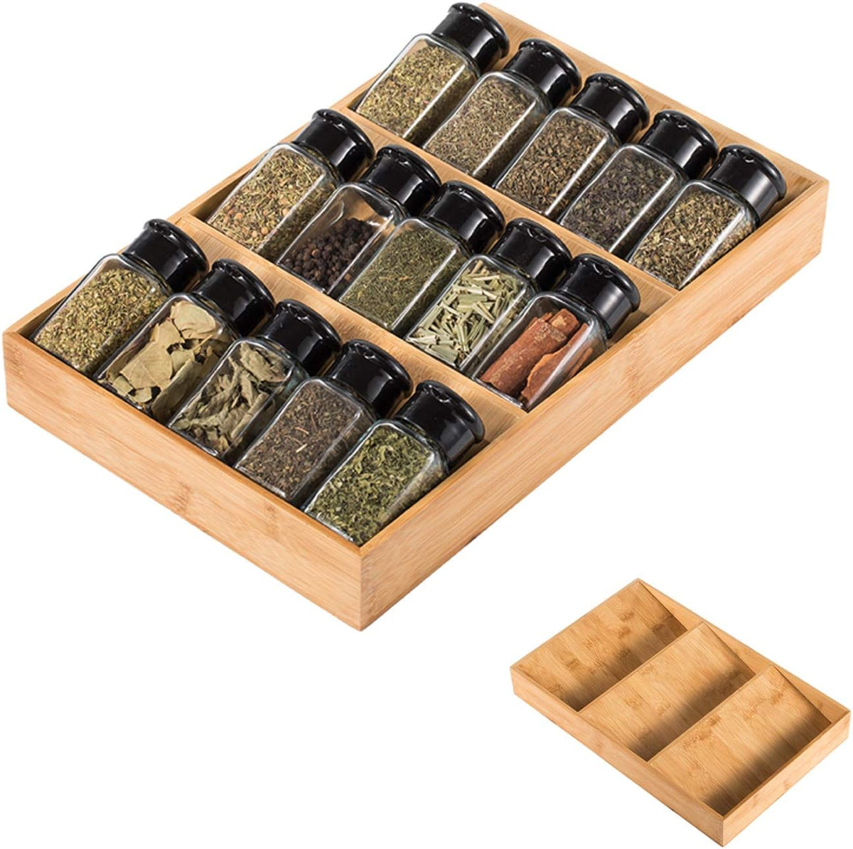 3-Tier Bamboo Drawer Spice Rack Wooden Kitchen Cabinet Spice Organizer Spice Jar Holder, Medicine/Health Care/Vitamin Bottles Storage Rack (Pre-Measure Drawer Dimensions), Drawer Rack