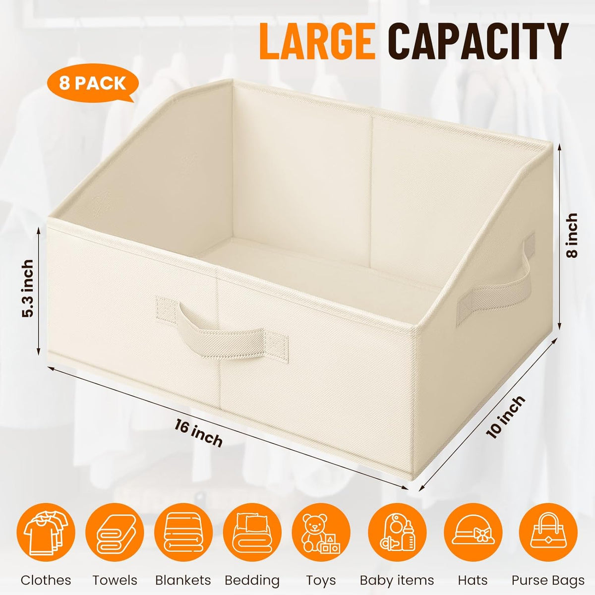 Criusia Closet Organizers Bins - Large Collapsible Shelf Organizer with Handles - Fabric Trapezoid Home Organization and Storage Baskets for Organizing Clothes Toy Blanket Towel Purse Hats