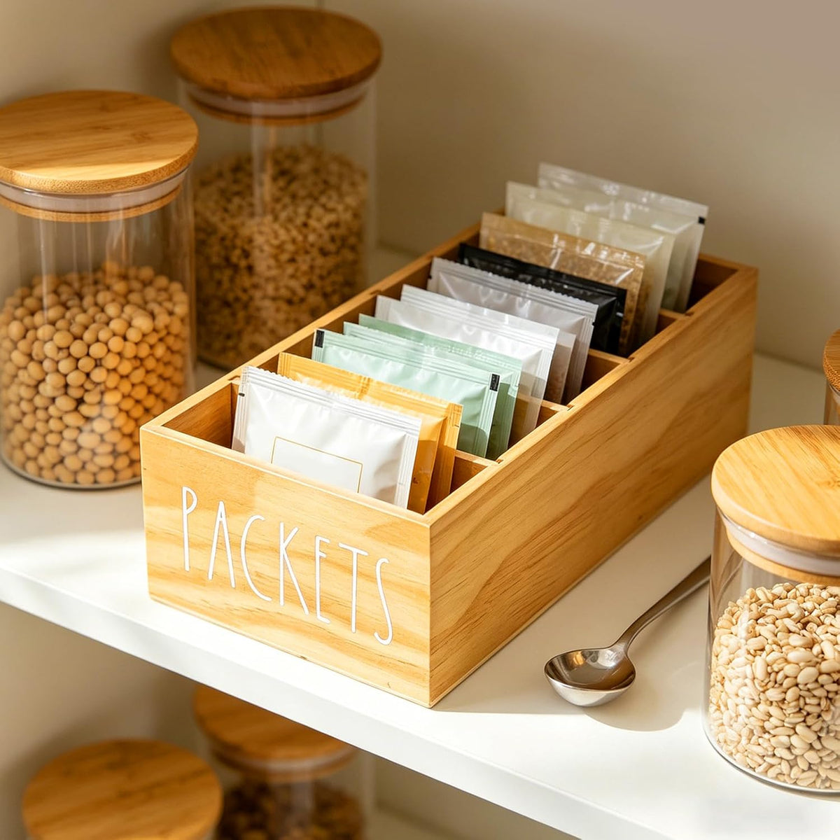 Seasoning Packet Organizer, Spice Packet Storage Organizer with 5 Compartments, Wooden Food Packet Organizer, Caddy Storage for Kitchen Pantry Cabinet, Modern Kitchen Organization Bins(Black)
