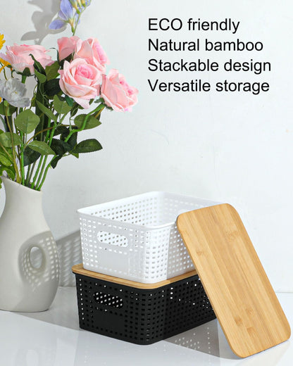 EOENVIVS Plastic Storage Baskets with Bamboo Lids for Pantry Organization and Storage Containers Bins for Shelves Drawers Desktop Closet Playroom Classroom Office Home, 6 Pack,White