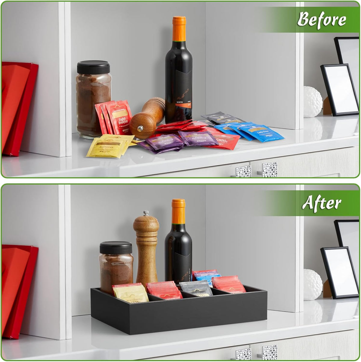 DRASTAR Tea Bag Organizer, Acacia Tea Bag Holder, Tea Storage Containers with 3 Slots, Wooden Tea Storage Accessories, Mini Tea Bag Caddy Box for Countertop