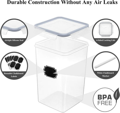 Wildone Large Food Storage Containers 5.2L /175oz, 4 Piece BPA Free Plastic Airtight Food Storage Containers for Flour, Sugar, Baking Supplies, Kitchen & Pantry Containers with 20 Labels