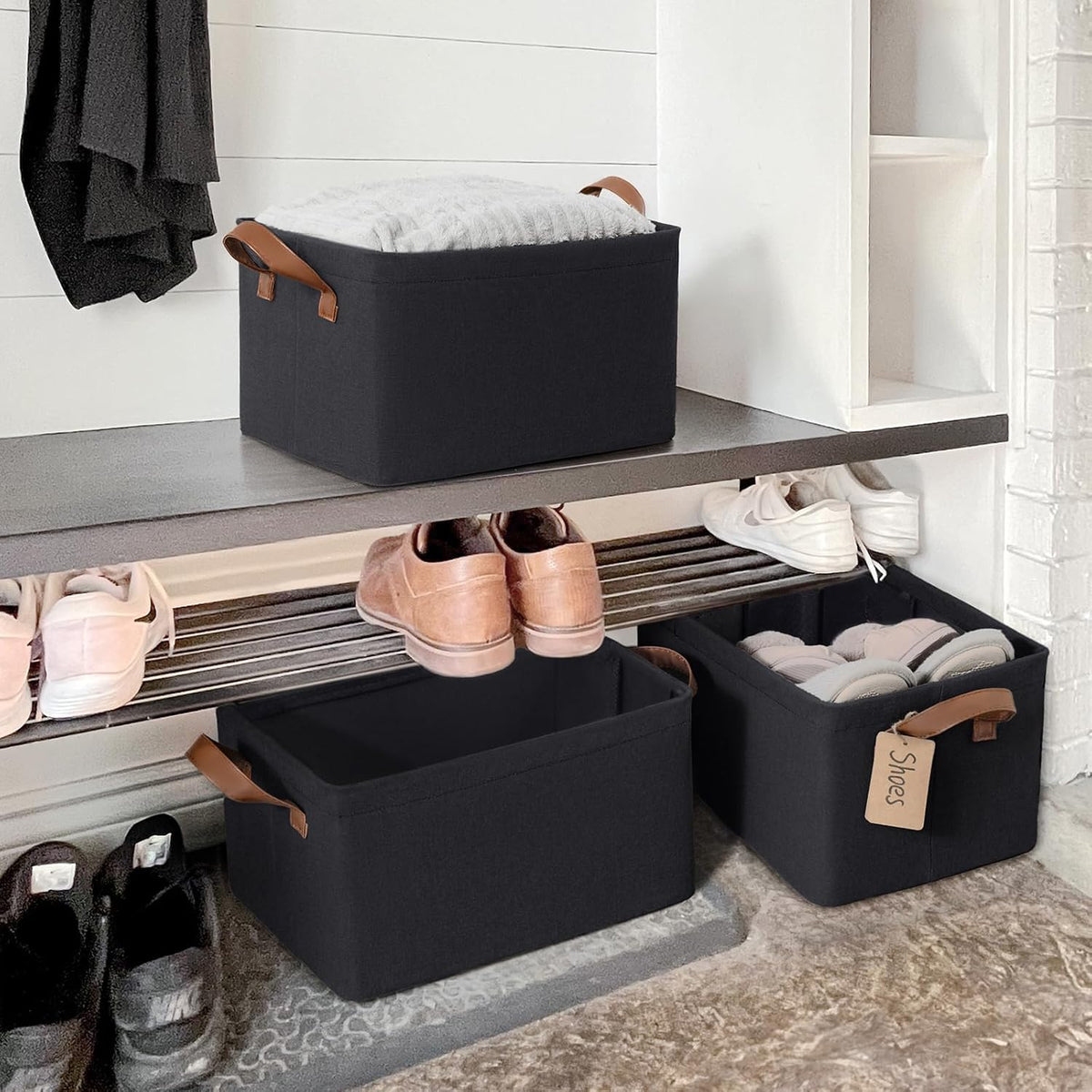 CHICVITA Large Storage Baskets for Shelves, Fabric Storage Bins with Metal Frame, Closet Organizers and Storage Boxes for Clothes Toy, Beige