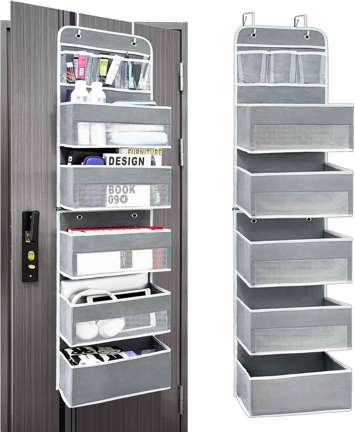 Over The Door Organizer with LifetimeWarranty, 4 Shelves & 4 Side Pockets, Large Storage Rack Holds 44lb, Heavy-Duty Reinforced Mesh Shelf for Bathroom, Closet, Toy Organization, Shoes, Towels, Grey