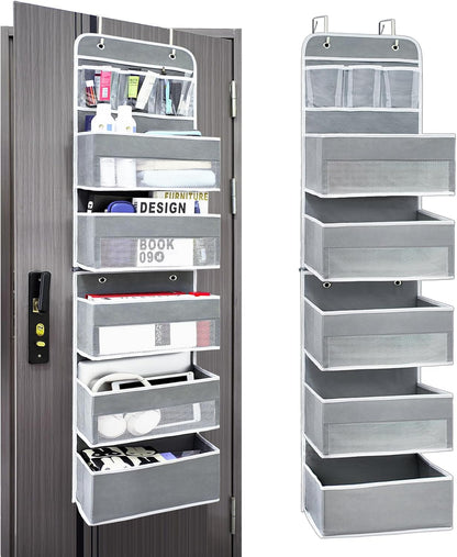 Over The Door Organizer with LifetimeWarranty, 4 Shelves & 4 Side Pockets, Large Storage Rack Holds 44lb, Heavy-Duty Reinforced Mesh Shelf for Bathroom, Closet, Toy Organization, Shoes, Towels, Grey