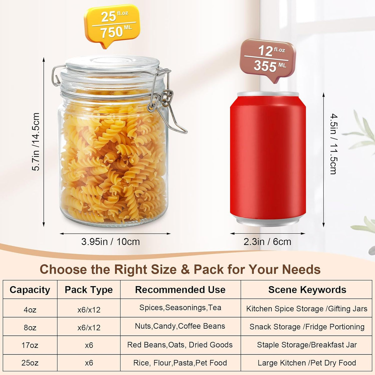 17oz Airtight Glass Jars, 6 Pack Clamp Lid Canisters, Small Food Storage Containers for Spices, Nuts, Snacks, Canning Jar for Jams & Pickling, Pantry Organization