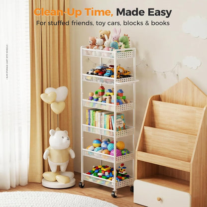 5 Tier Kitchen Storage Cart with Wheels, Utility Fruit Vegetable Storage Rack Stand with Pull-Out Baskets & Wood Top, Metal 4-Drawers Rolling Snack Cart, Kitchen Cart for Potato Onion(Black)