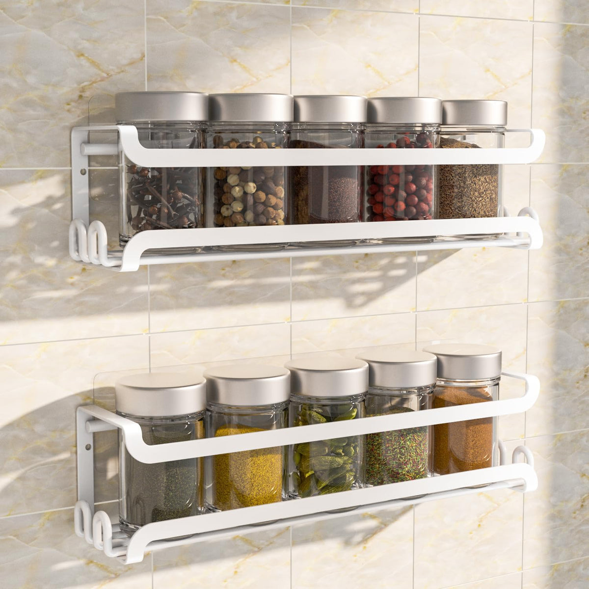 LUCYCAZ Wall Mounted Spice Rack with 8 Hooks, Spice Organizer Shelf for Stove Cabinet Pantry Door,Screw or Adhesive Spice Shelf Hanging Wall Spice Rack in Kitchen and RV (Black)