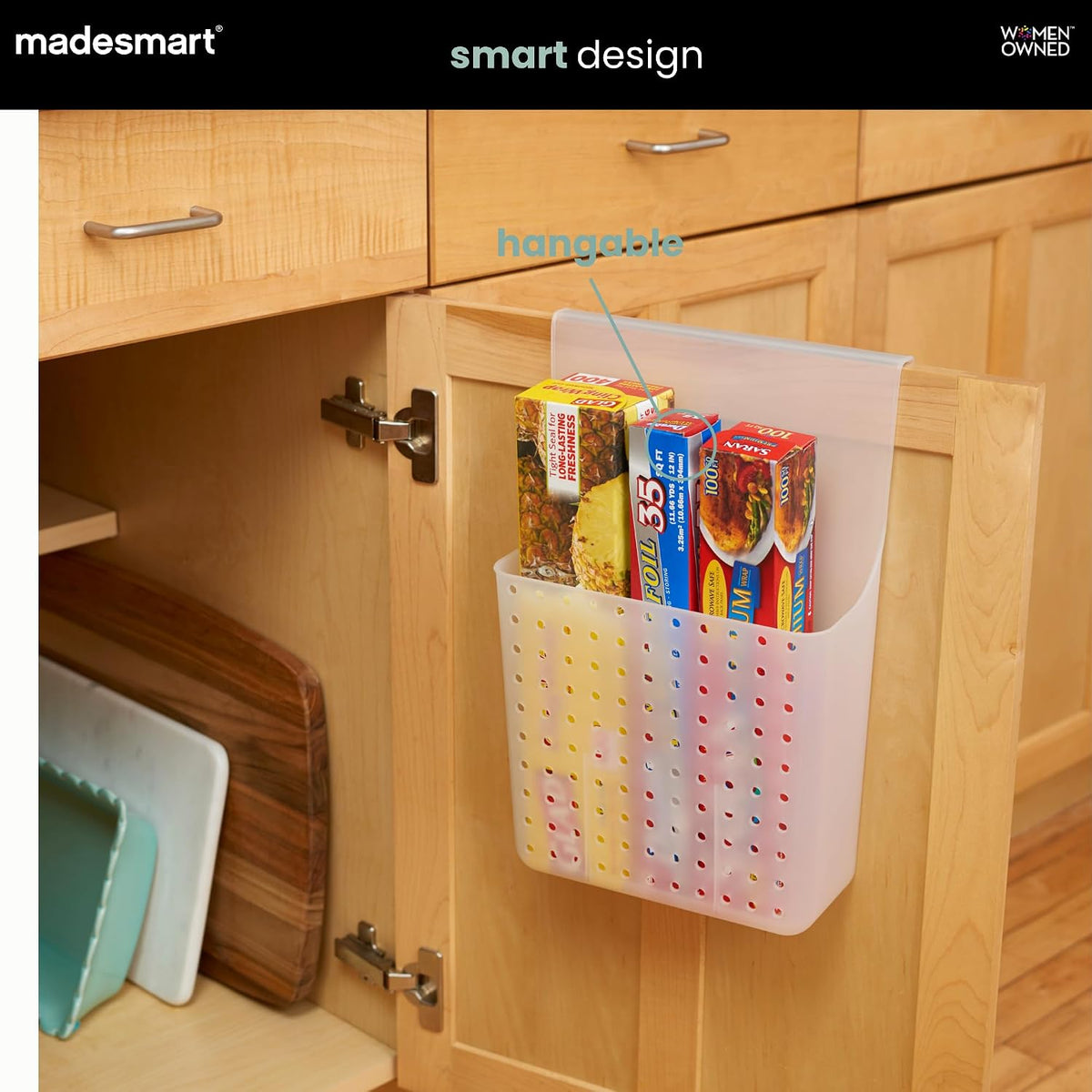 madesmart Over-Door Organizer, Storage for Aluminum Foil, Parchment Paper & Kitchen Wraps, Dual Divided Bins with Soft-Grip Over-Door Hook, White