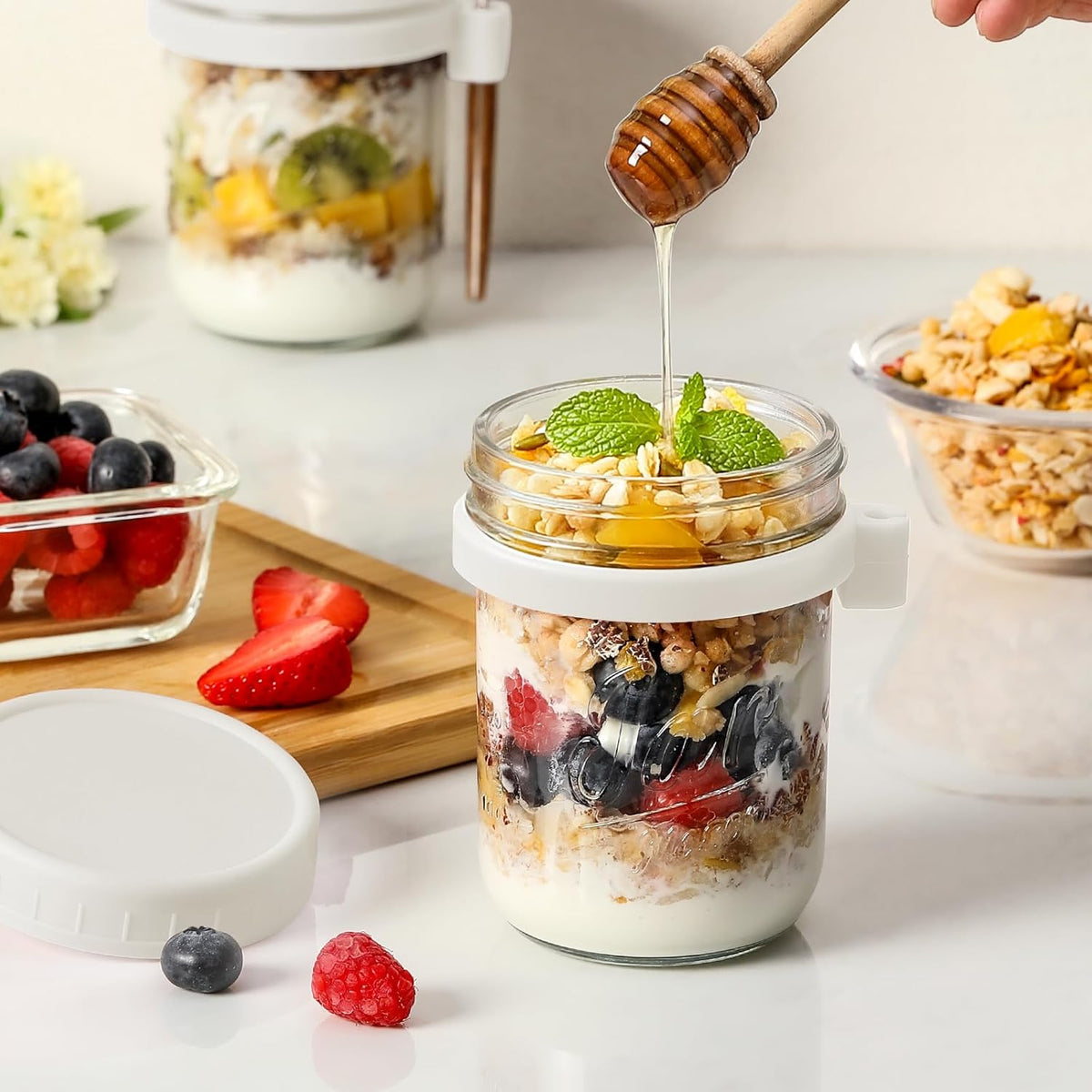 4 Pack Overnight Oats Containers with Lids and Spoons, 16 oz Glass Mason Jars with Airtight Lids, Overnight Oats Jars for Milk, Cereal, Fruit
