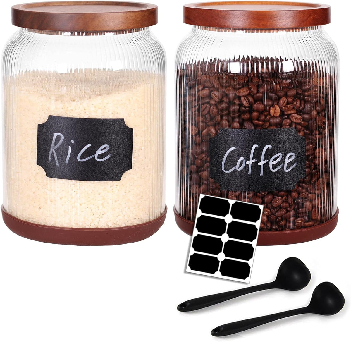 SAIOOL 2-Pack Striped Borosilicate Glass Airtight Canisters - Big mouth Large Capacity, Acacia Wood Lid, Food Storage Jars for Flour, Pasta, Pantry Organization (1/2 Gallon （Yellow Press lid 2 pack）)