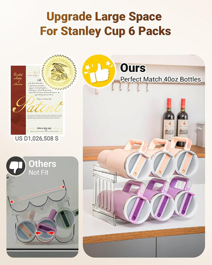 Gracenal Water Bottle Organizer for Stanley Cup Accessories, Cabinet Organizers and Storage for Meoky 40 oz Tumbler with Handle, Fridge Tumbler Organizer Kitchen Gadgets Gifts, 2Pack Large-6-bottle