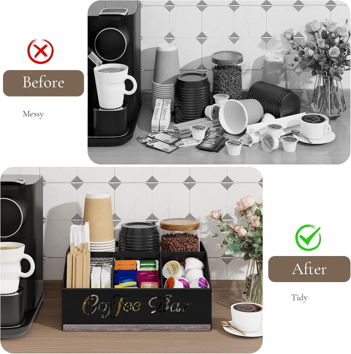 Coffee Station Organizer, Rustic Brown Wooden Countertop Coffee Bar Accessories Organizer with Metal Mesh Compartments for Pods, Syrup, Cups, Stirrer, Tea