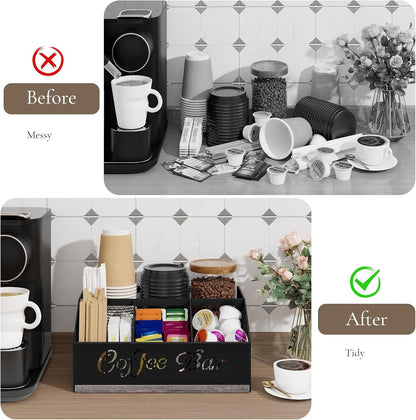 Coffee Station Organizer, Rustic Brown Wooden Countertop Coffee Bar Accessories Organizer with Metal Mesh Compartments for Pods, Syrup, Cups, Stirrer, Tea
