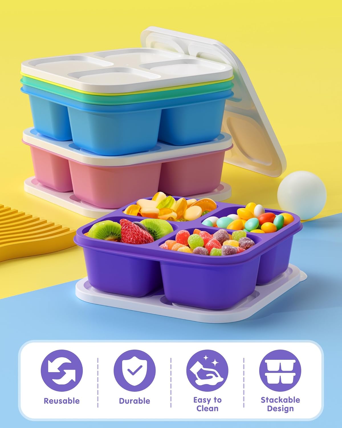 Canfanni 5 Pack Bento Snack Containers, 4 Compartment BPA-free Plastic Food Storage Containers, Divided Lunchable Container, Bento Lunch Box for Work and Travel