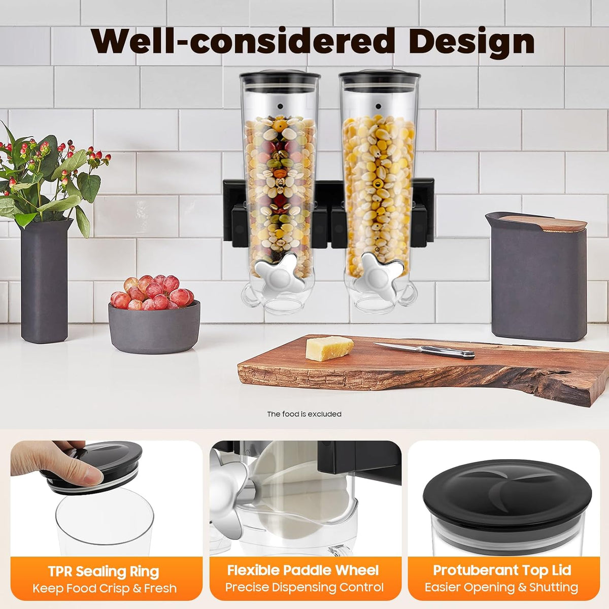 2 Pack Cereal Dispensers,Cereal Containers Storage,Wall-mounted Food Dispenser,Large Capacity Candy Dispenser,Convenient Storage Dual Control for Candy Oatmeal Coffee Bean Nuts (Silver)