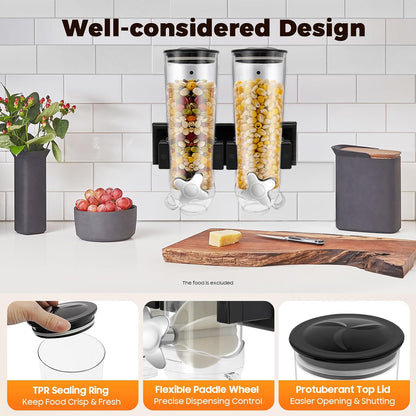 2 Pack Cereal Dispensers,Cereal Containers Storage,Wall-mounted Food Dispenser,Large Capacity Candy Dispenser,Convenient Storage Dual Control for Candy Oatmeal Coffee Bean Nuts (Silver)
