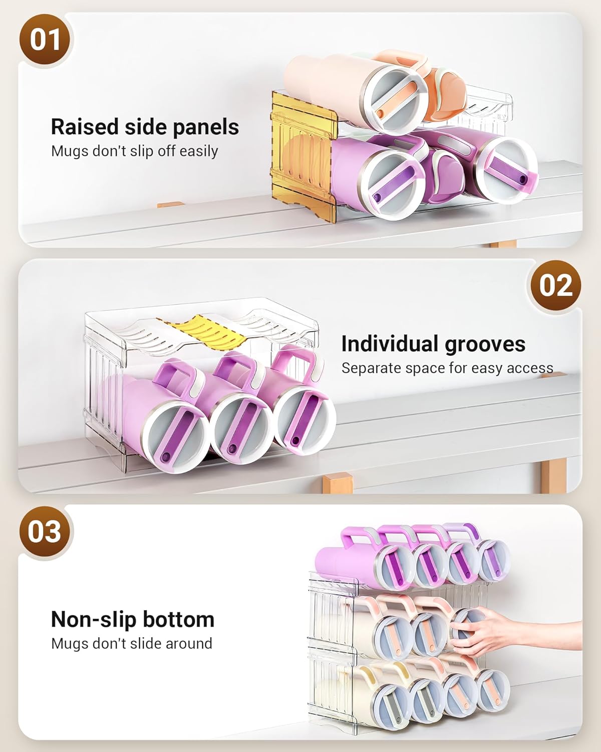 Gracenal Water Bottle Organizer for Stanley Cup Accessories, Cabinet Organizers and Storage for Meoky 40 oz Tumbler with Handle, Fridge Tumbler Organizer Kitchen Gadgets Gifts, 2Pack Large-6-bottle
