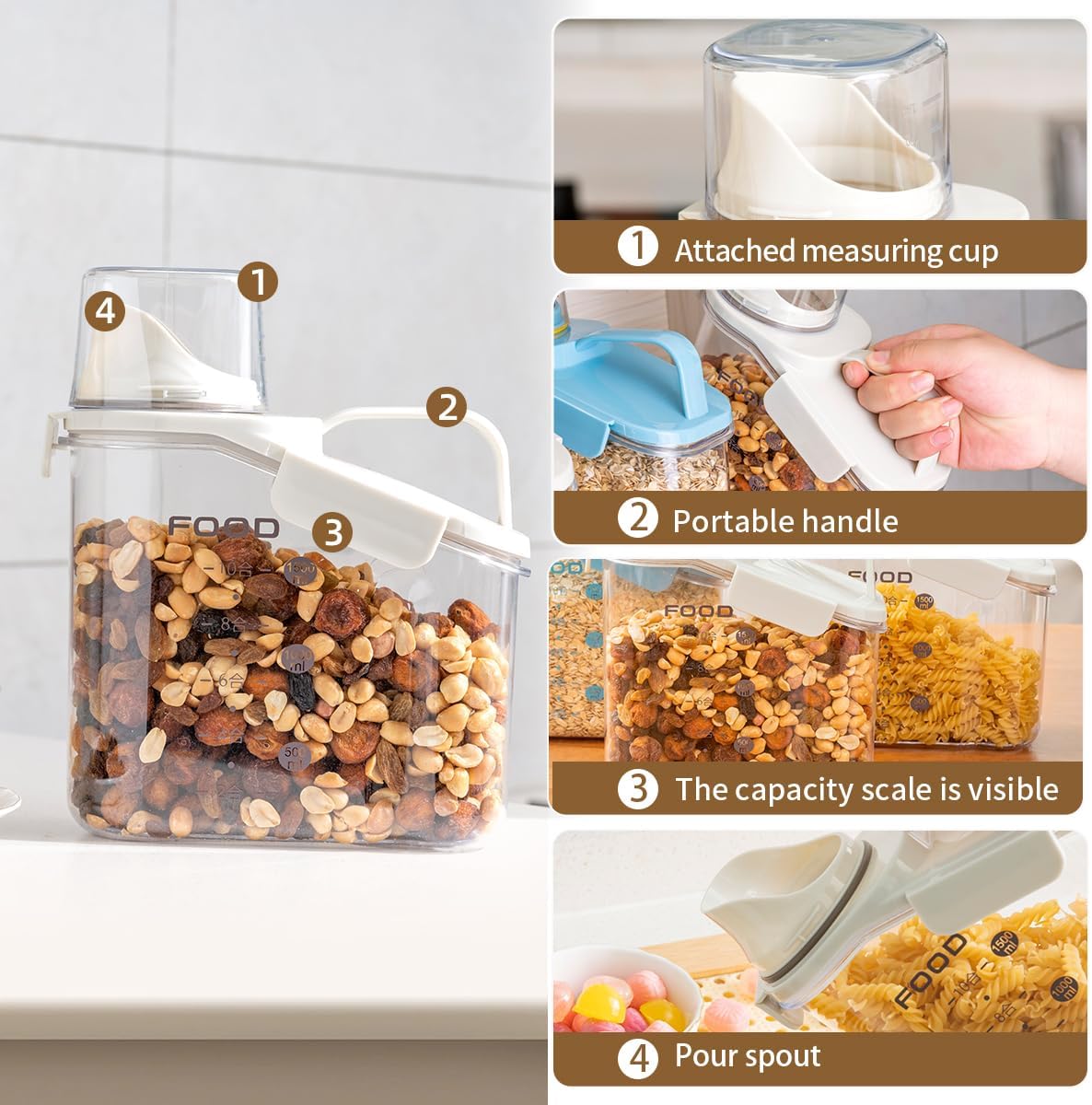 LANGMINGDE Cereal Containers Storage, 2.8L/95oz Airtight Large Dry Food Storage Containers with Pouring Spout Measuring Cup for Snacks Grain Rice,BPA Free Dispenser Plastic Bin