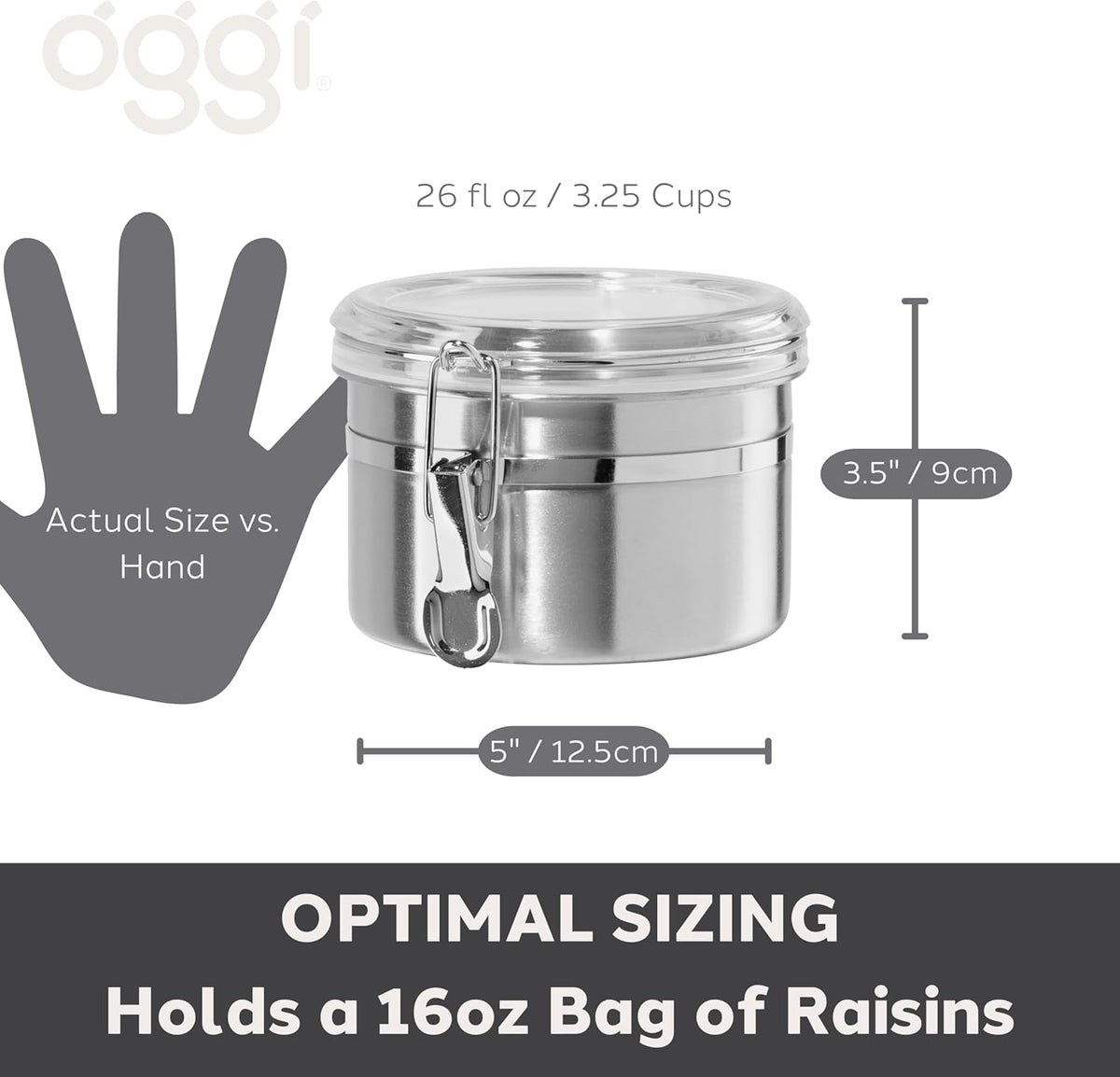Oggi Stainless Steel Kitchen Canister 152 fl oz - Airtight Clamp Lid, Clear See-Thru Top - Ideal for Kitchen Storage, Food Storage, Pantry Storage. Jumbo Size 8" x 8".