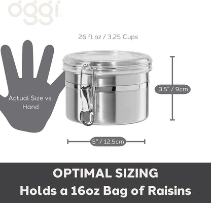 Oggi Stainless Steel Kitchen Canister 152 fl oz - Airtight Clamp Lid, Clear See-Thru Top - Ideal for Kitchen Storage, Food Storage, Pantry Storage. Jumbo Size 8" x 8".