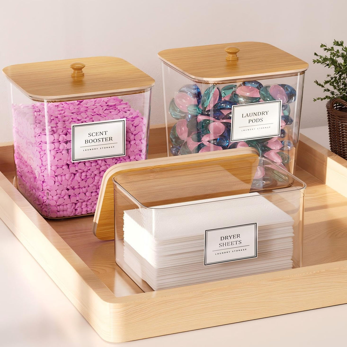 HomePekite Laundry Pods Storage Container, Clear Laundry Room Organization and Storage,Detergent Powder Container,with Wooden Lids & Labels, 3+