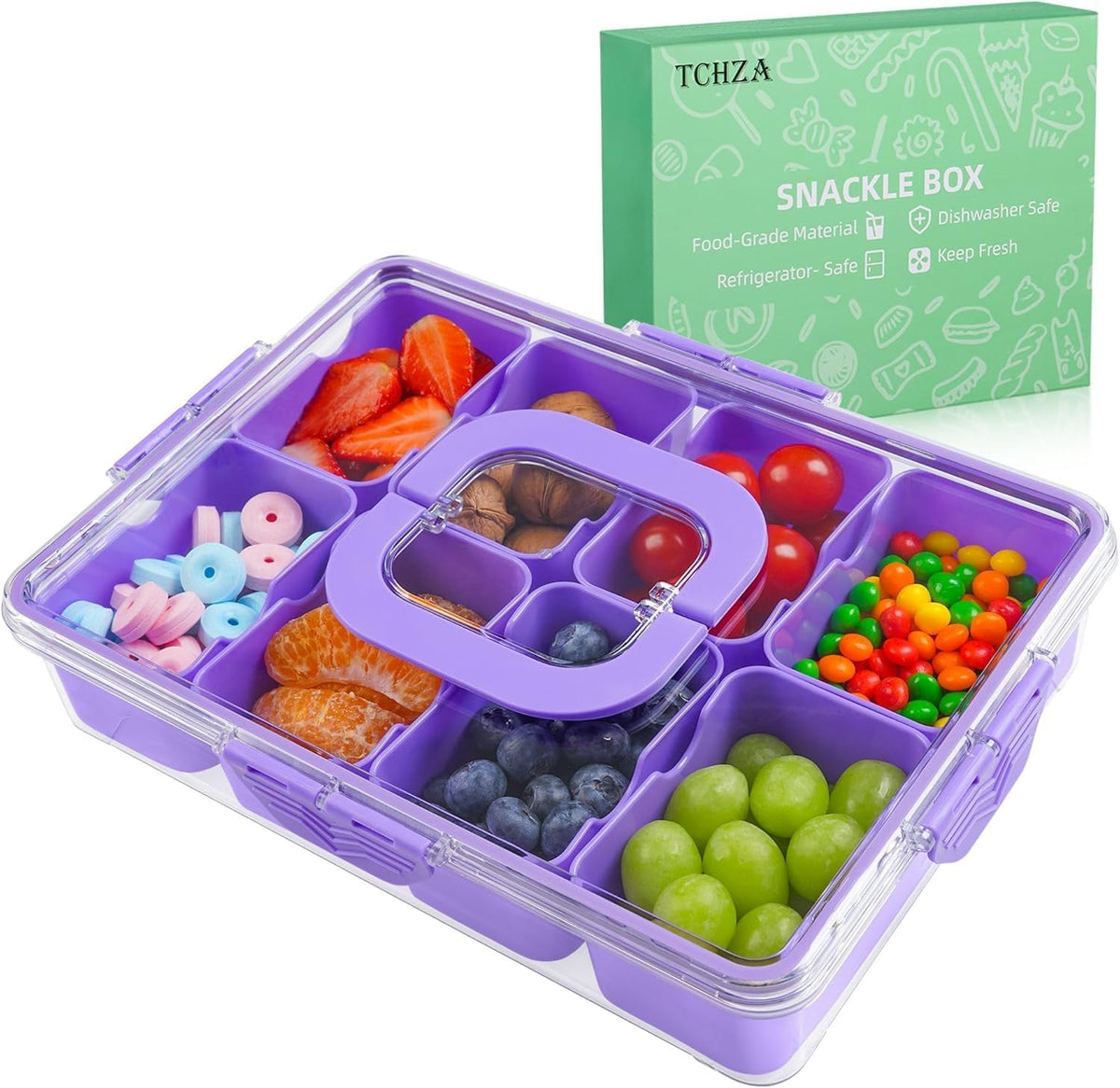 TCHZA Snackle Box Container, Dishwasher Safety - Divided Serving Tray with Lid and Handle, Charcuterie Board for Portable Snack Platters - Clear Organizer for Fruits Snacks,Perfect for Road Travel