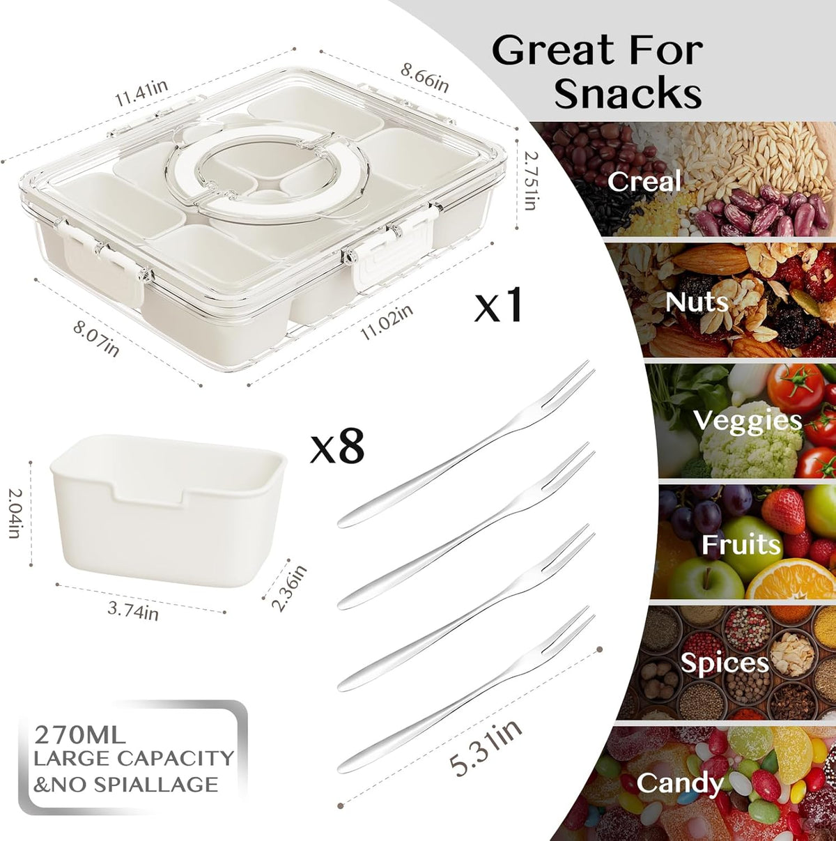 Dunruz Snackle Box Container,Portable Snack Box 8 Compartment Divided Serving Tray with Lid,Clear Storage Organizer for Fruit Candy Nuts Veggie-Perfect for Road Travel Party (8 Compartments)
