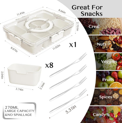 Dunruz Snackle Box Container,Portable Snack Box 8 Compartment Divided Serving Tray with Lid,Clear Storage Organizer for Fruit Candy Nuts Veggie-Perfect for Road Travel Party (8 Compartments)