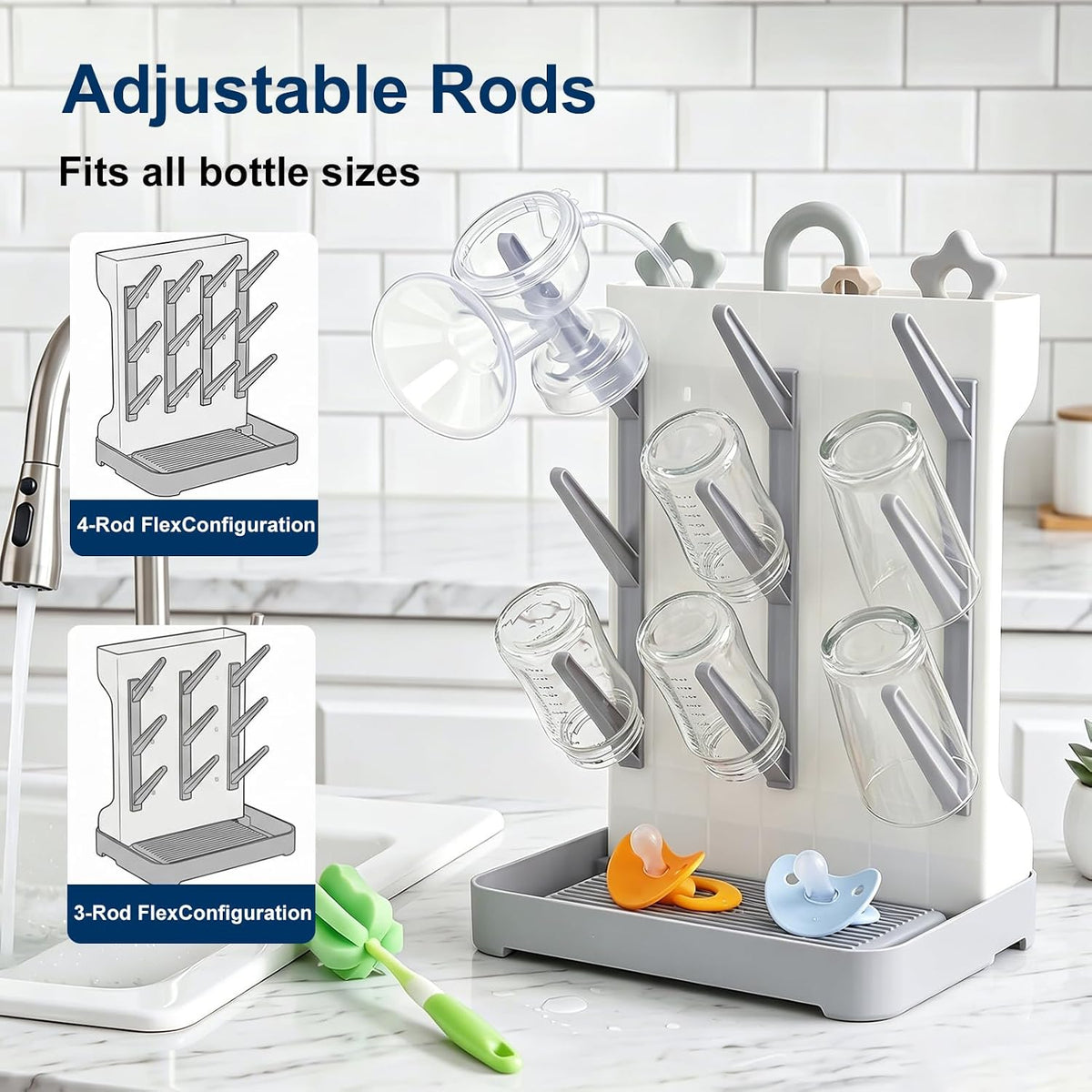 GoMaihe Baby Bottle Drying Rack: Space Saving Vertical Bottle Dryer Holder - Newborn Accessories Storage Stand Organize Brushes Pacifiers on Countertop - BPA-Free - Gray