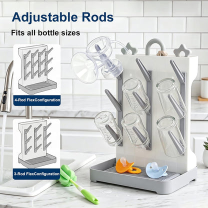 GoMaihe Baby Bottle Drying Rack: Space Saving Vertical Bottle Dryer Holder - Newborn Accessories Storage Stand Organize Brushes Pacifiers on Countertop - BPA-Free - Gray