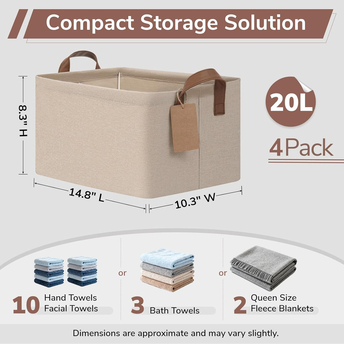 CHICVITA 4 Pack Large Storage Baskets for Shelves, Collapsible Closet Organizer Bins with Metal Frame, Fabric Storage Bins for Clothes Towels Organization, 16.8" x 11" x 9.8", Beige