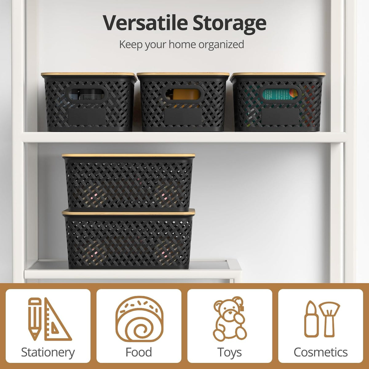 Plastic Storage Bins with Bamboo Lids, Stackable Small Box Baskets for Organizing and Containers for Shelves Drawers Desktop Closet Pantry Classroom Office Home, 6 Pack 10.2x7.2x4.1 Inch, Black