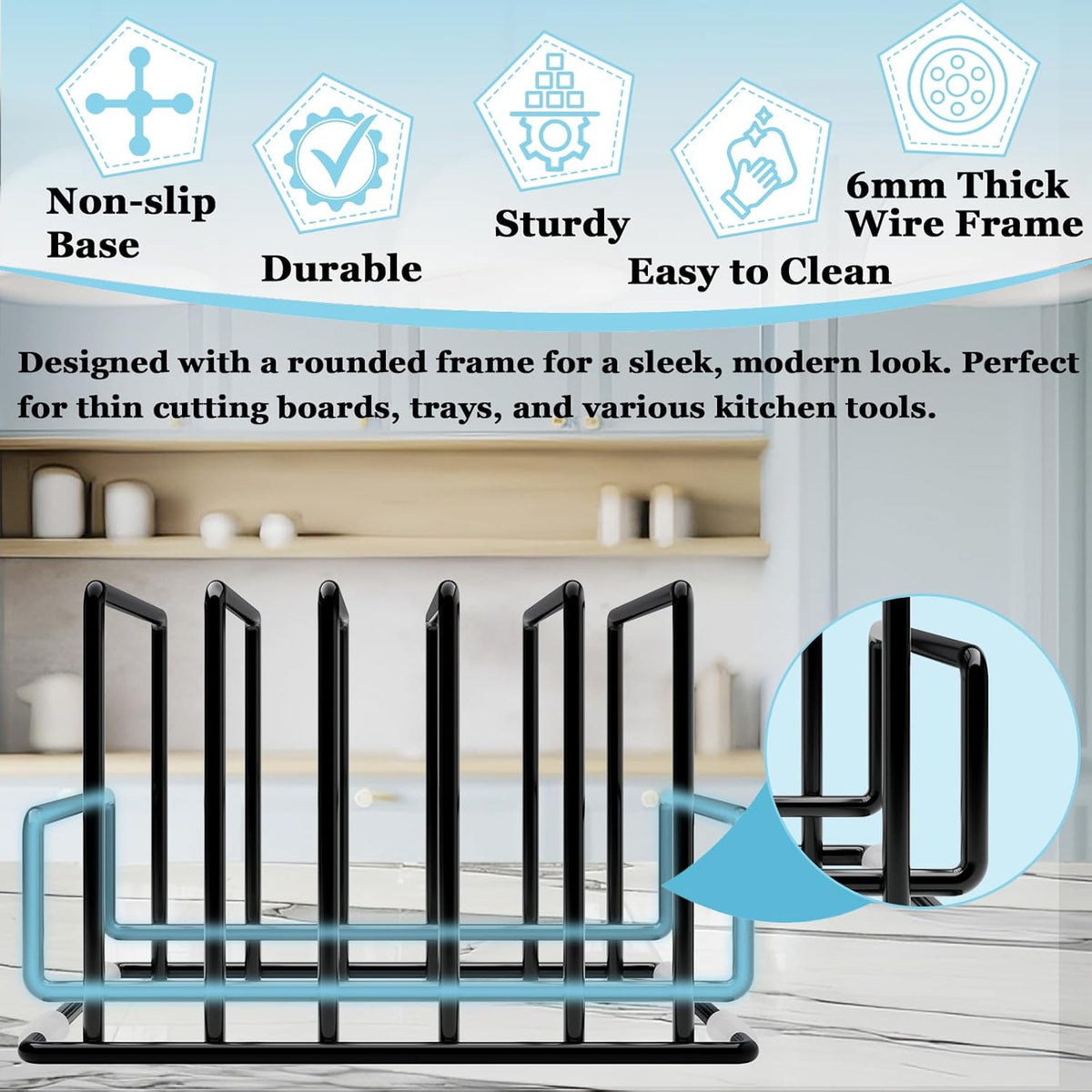 Cutting Board Organizer Rack with 7 Compartments, Heavy-Duty Iron Pan and Baking Sheet Organizer, Kitchen Cabinet Storage Rack with Non-Slip Base, Space-Saving Pot Lid Holder for Countertop & Pantry