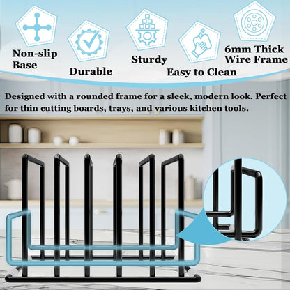 Cutting Board Organizer Rack with 7 Compartments, Heavy-Duty Iron Pan and Baking Sheet Organizer, Kitchen Cabinet Storage Rack with Non-Slip Base, Space-Saving Pot Lid Holder for Countertop & Pantry