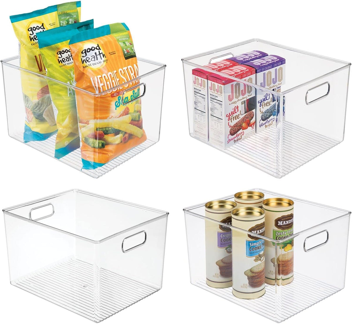 mDesign Plastic Deep Kitchen and Pantry Organizer Storage Bin with Handles for Cabinet, Fridge, Freezer - Food Storage Containers for Snacks, Yogurt Pouches or Fruit, Ligne Collection, 4 Pack, Clear