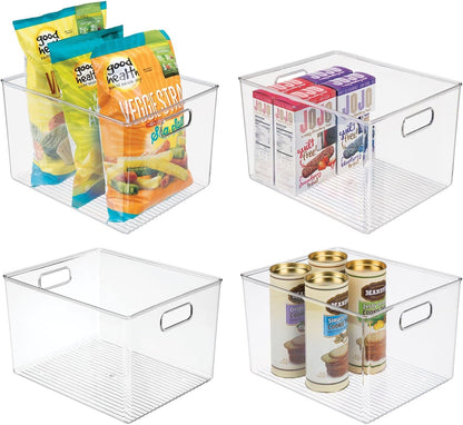 mDesign Plastic Deep Kitchen and Pantry Organizer Storage Bin with Handles for Cabinet, Fridge, Freezer - Food Storage Containers for Snacks, Yogurt Pouches or Fruit, Ligne Collection, 4 Pack, Clear