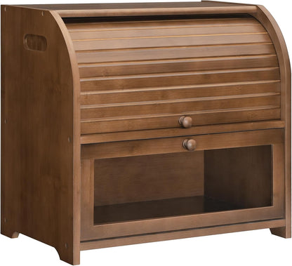 HOOBRO Bread Box, Bamboo Bread Box for Kitchen Countertop, 2 Tier Roll-Top Bread Bin, Food Storage Box, Large Capacity Keeper, Wooden Storage Cabinet, for Kitchen, Dining Room, Natural YL13MB01