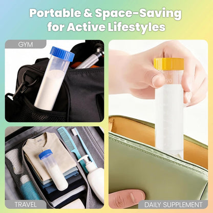 Protein Powder Travel Container Set 12 Pack – 8x50ml & 4x100ml Leak Proof Reusable Supplement Powder Container to Go with Funnel & Labels, Portable Gym Protein Storage for Fitness, Work, Travel