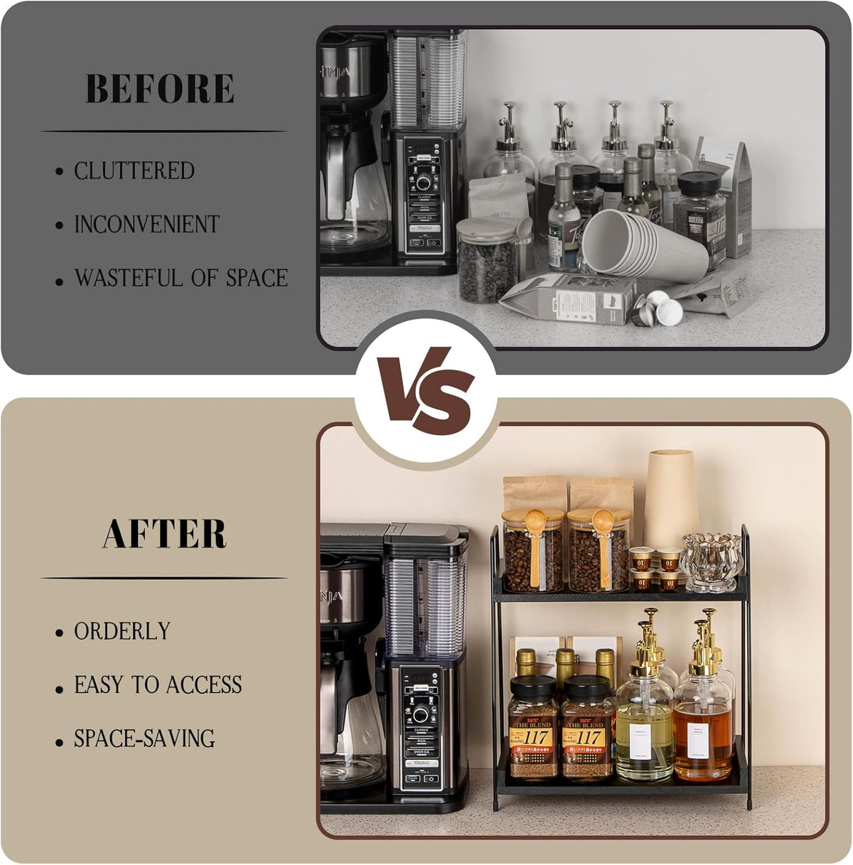 ANBOXIT Countertop Coffee Station Organizer, 2 Tier Wooden Shelf for Coffee Bar Accessories, Condiment Storage Caddy for Kitchen, Home, Office - Brown
