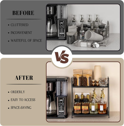 ANBOXIT Countertop Coffee Station Organizer, 2 Tier Wooden Shelf for Coffee Bar Accessories, Condiment Storage Caddy for Kitchen, Home, Office - Brown