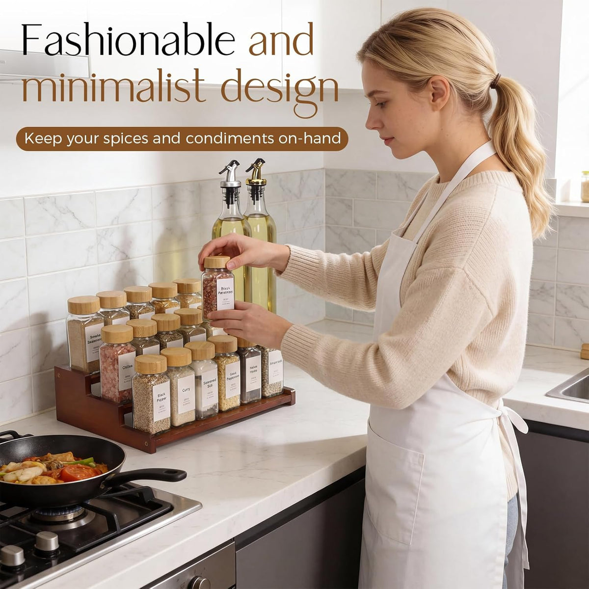 Spice Rack Organizer for Cabinet, 18in Bamboo Tiered Spice Rack，Used for Kitchen Countertops and Food Storage Room Organizer，Specially Designed for Jars and Spice Bottles(Bamboo, L)