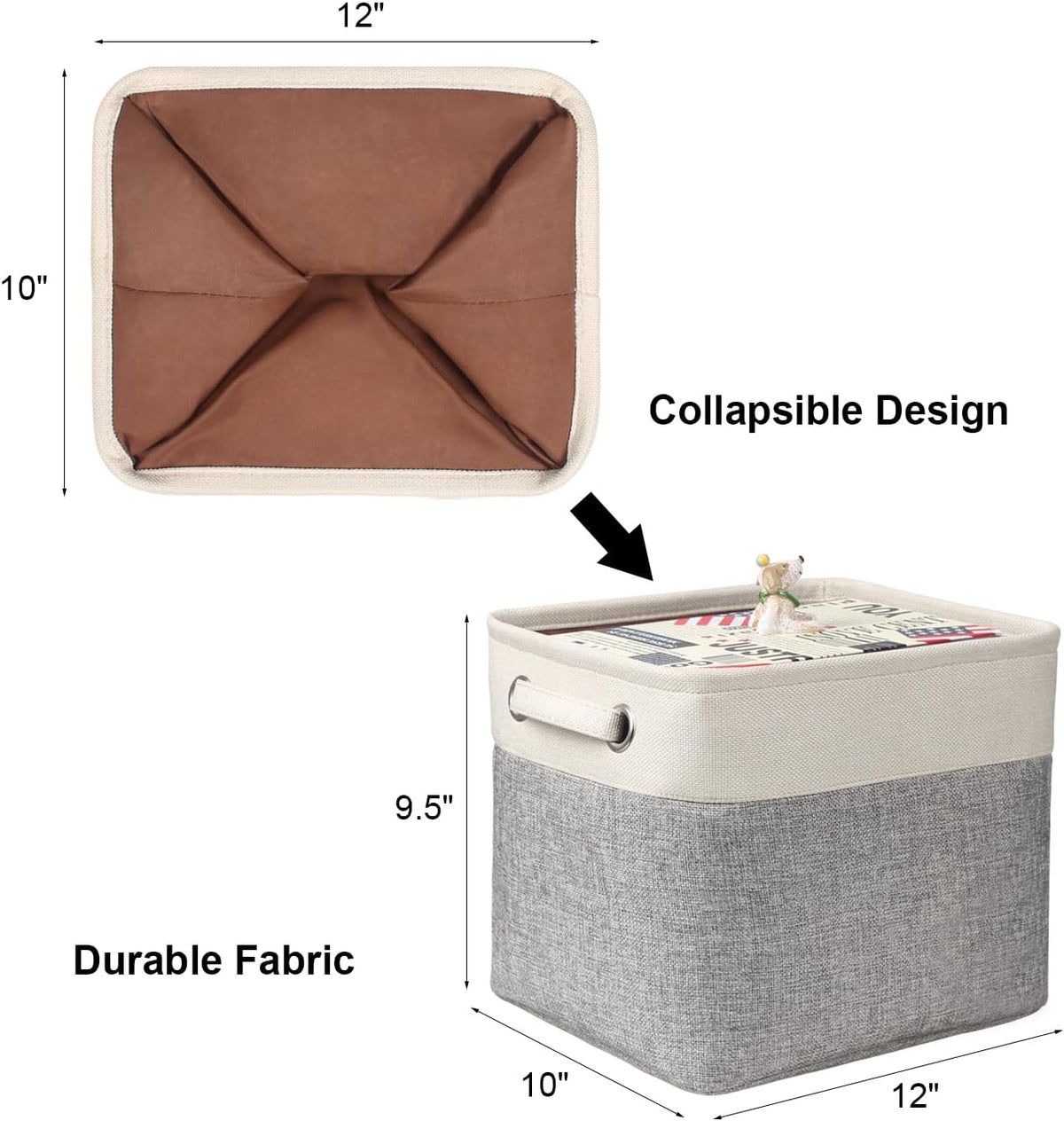 Foldable Storage Bin Collapsible Basket 12" x 10" x 9.5" Cube Storage Organizer Bins with Dual Carry Handles for Home Closet Shelves Drawers Organizer, Set of 3, Grey