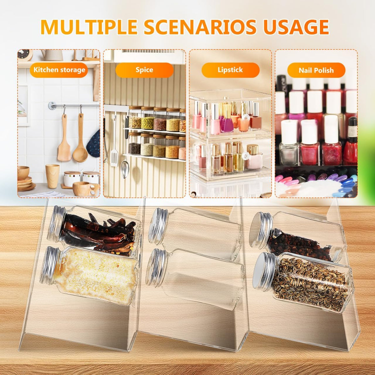 Cabilock 4 Pack Expandable Spice Drawer Organizer, Clear Acrylic 4-Tier Seasoning Rack Tray for Kitchen Drawers, Cabinets, Countertop, Pantry, Nail Polish and Small Bottles