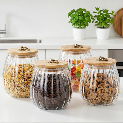Frcctre 4 Pack 25 FL OZ Glass Storage Jars with Bamboo Lid, Kitchen Airtight Glass Canister Sugar Container Decorative Storage Container for Coffee Bar Food Sugar Coffee Beans Candy Tea