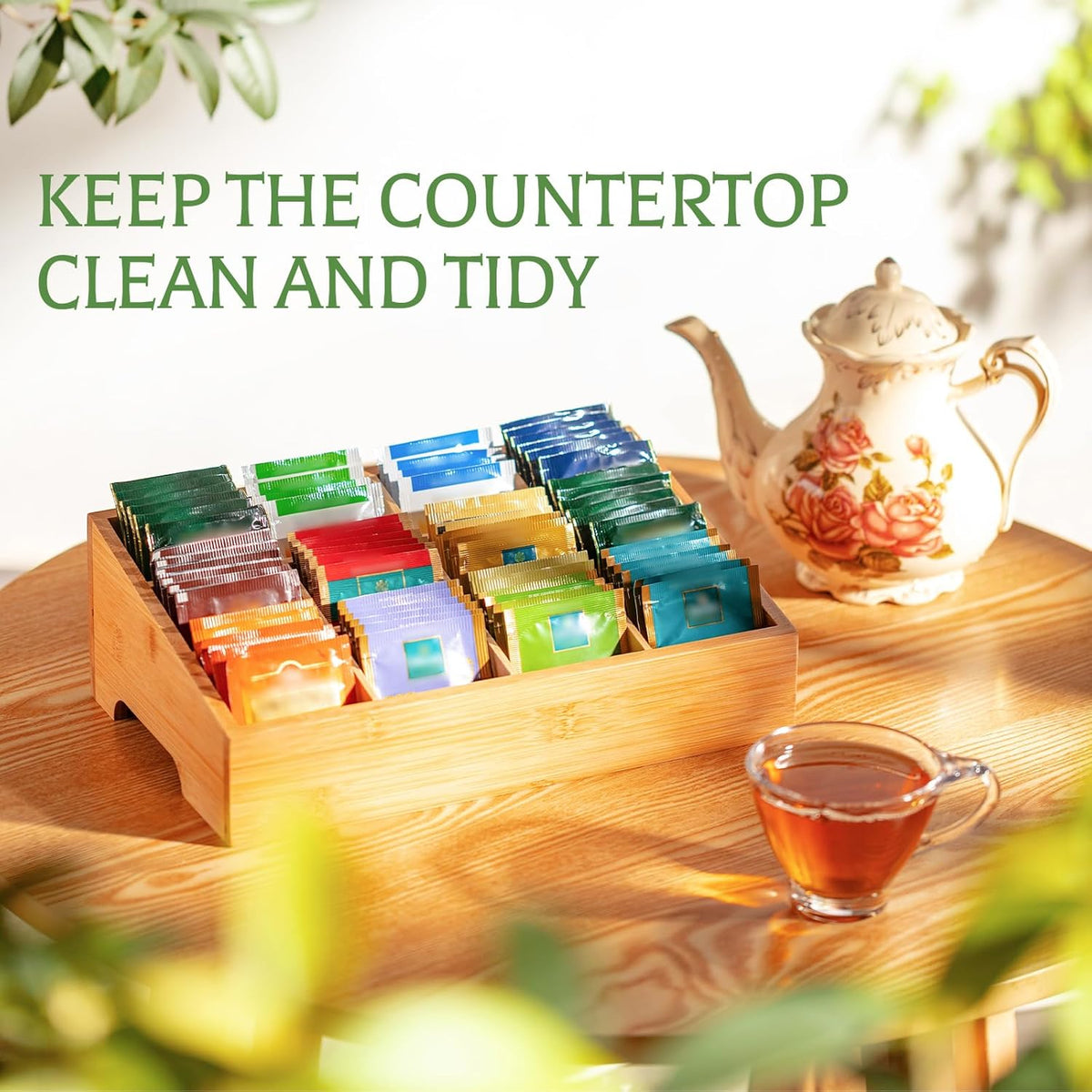 TIMIEEYA Tea Bag Organizer - Bamboo Tea Storage Organizer With Drawer 2 Layer, Tea Organizer for Tea Bags Natural Wood & Acrylic for Countertop Office Kitchen Cabinet Pantry