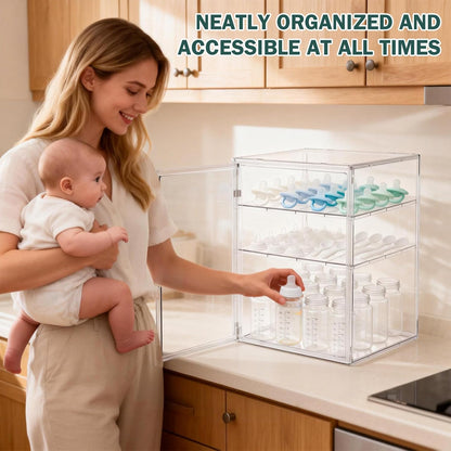 Baby Bottle Organizer, 3-Tier Bottle Storage for Countertop with Double Magnetic Doors, Clear Plastic Bottle Station Organizer Mom Gifts with 2 Dividers for Kitchen, Bathroom, Cabinet, Vanity