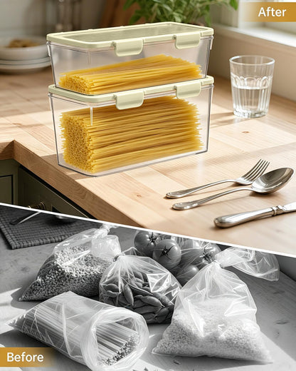 EORTA Set of 2 Spaghetti Pasta Storage Container with Lid, (3.6L/2.8L) Clear Kitchen Pantry Organizer for Noodles, Flour & Dry Food, Plastic Canisters Keeper Box with Black Cover, Size M/L (Black)